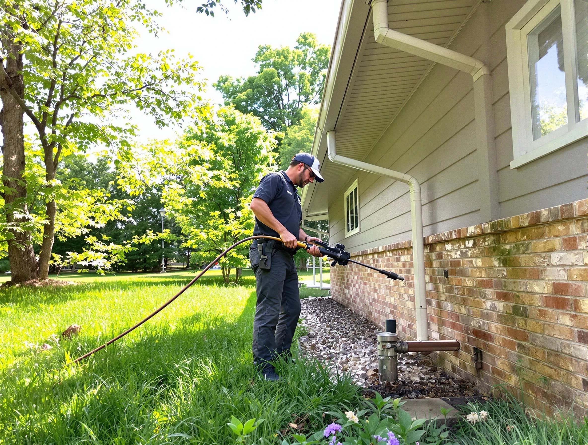 Bay Village Roofing Company removing debris from a downspout in Bay Village, OH