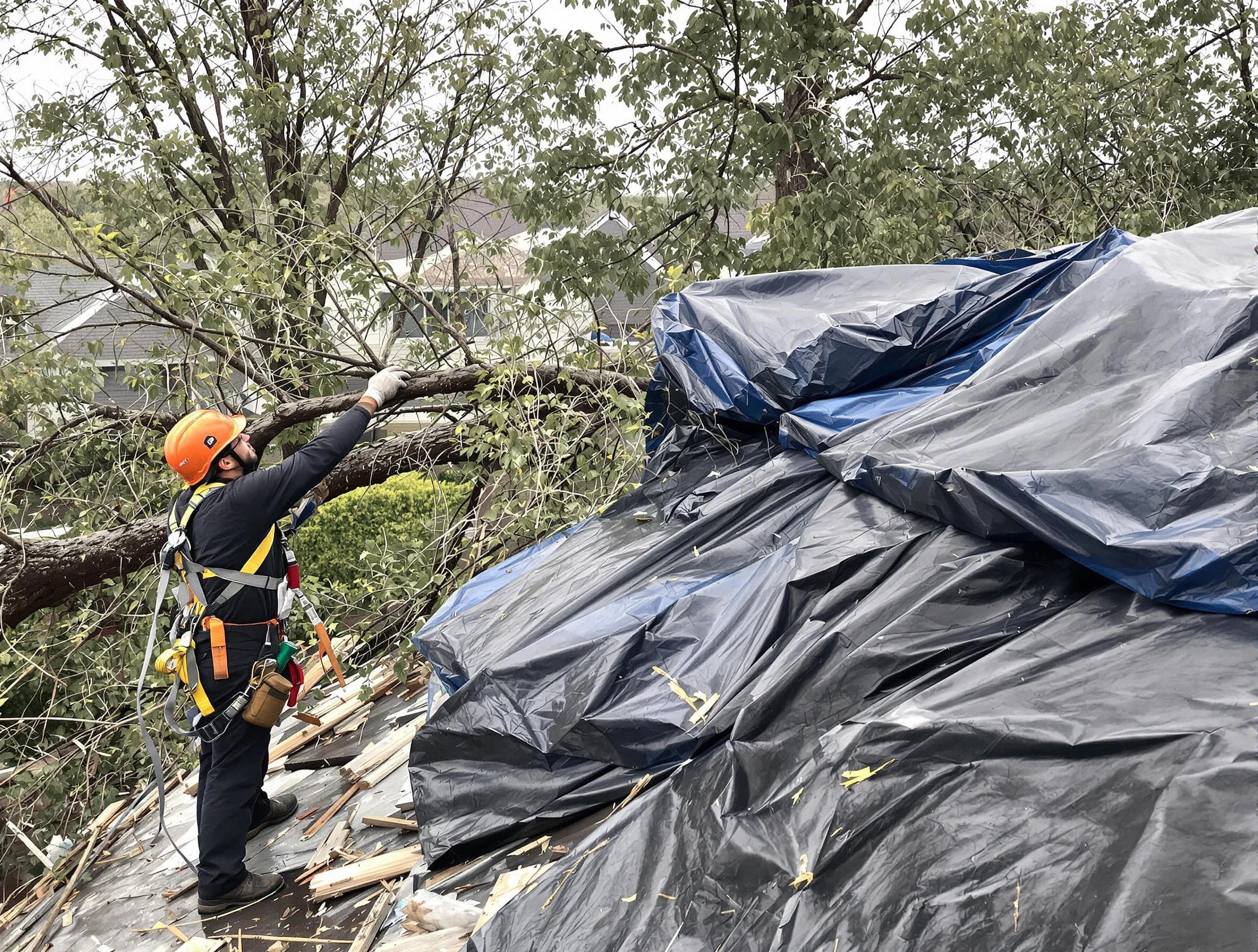 A tarped roof after storm damage repaired by Bay Village Roofing Company in Bay Village, OH