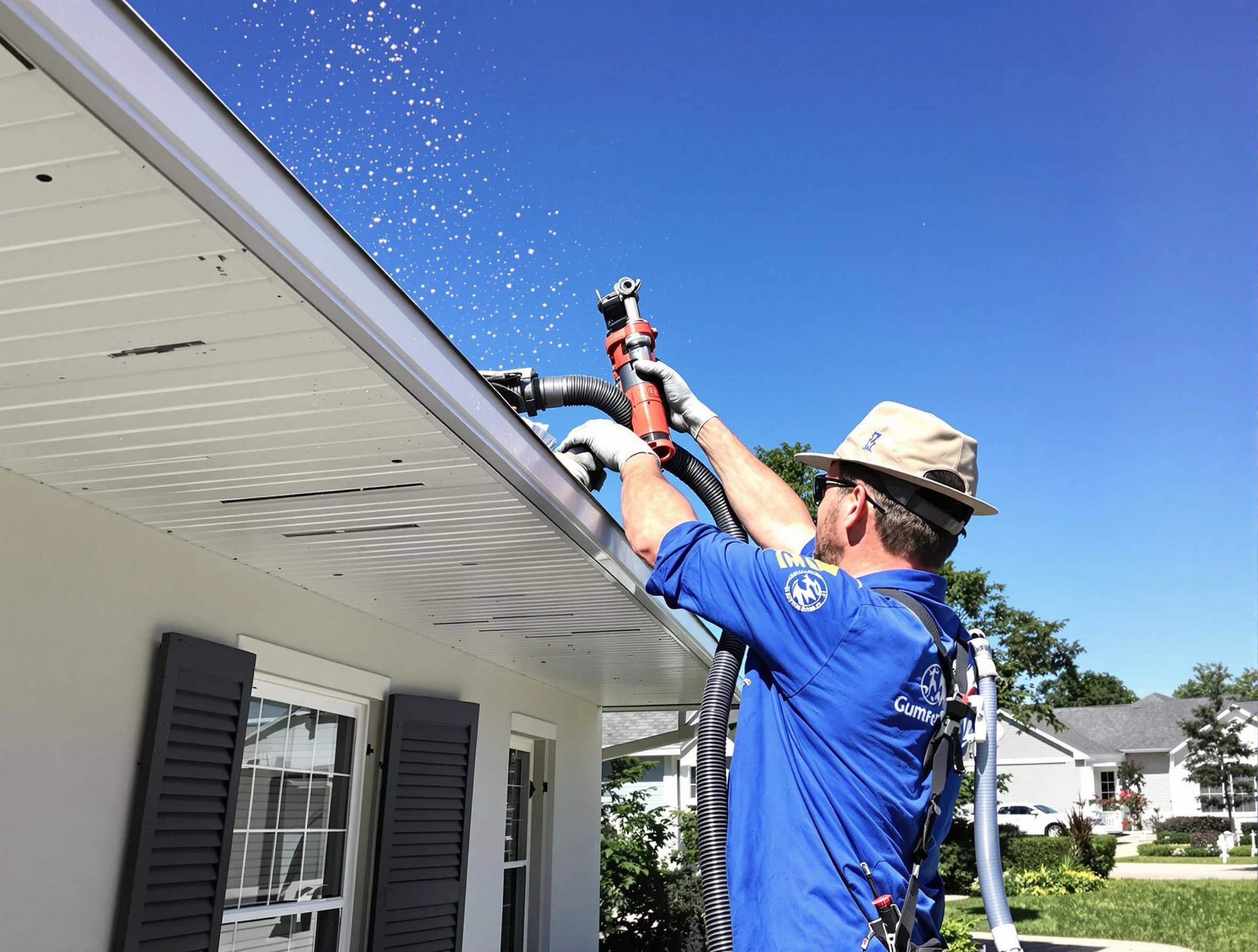 Technician completing a gutter cleaning project by Bay Village Roofing Company in Bay Village, OH